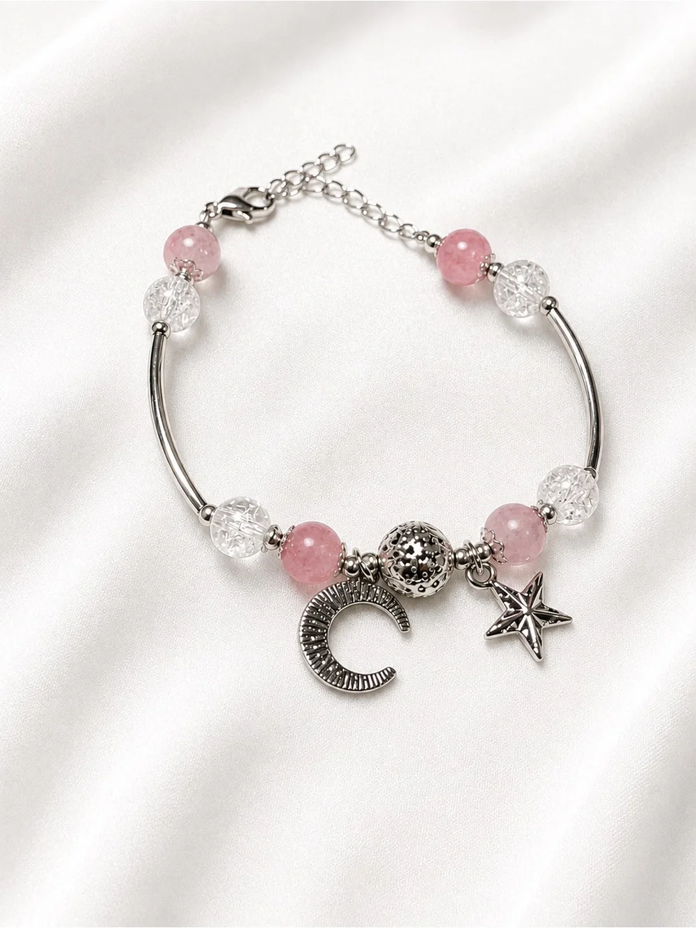 Pink & Clear Beaded Moon Star Bracelet – Silver Tone Celestial Charm Bracelet